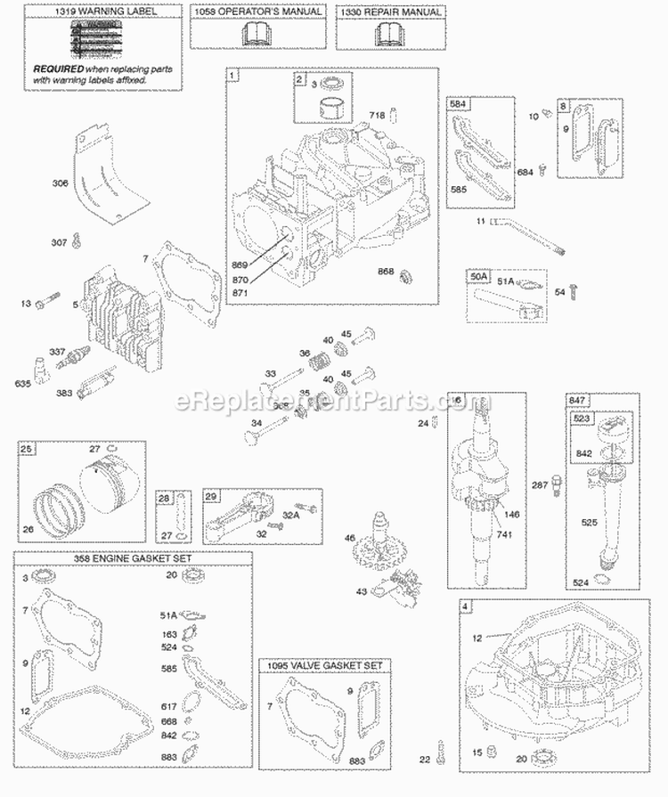 Camshaft Crankshaft Cylinder Engine Sump Lubrication Piston Group Valves Diagram and Parts List for 124L05-0947-F2  Briggs and Stratton Engine